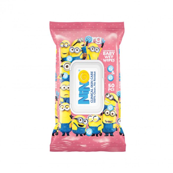 دستمال مرطوب کودک حاوی کالاندولا 50 برگي صورتی مینیون درب دار نینو - Image 1